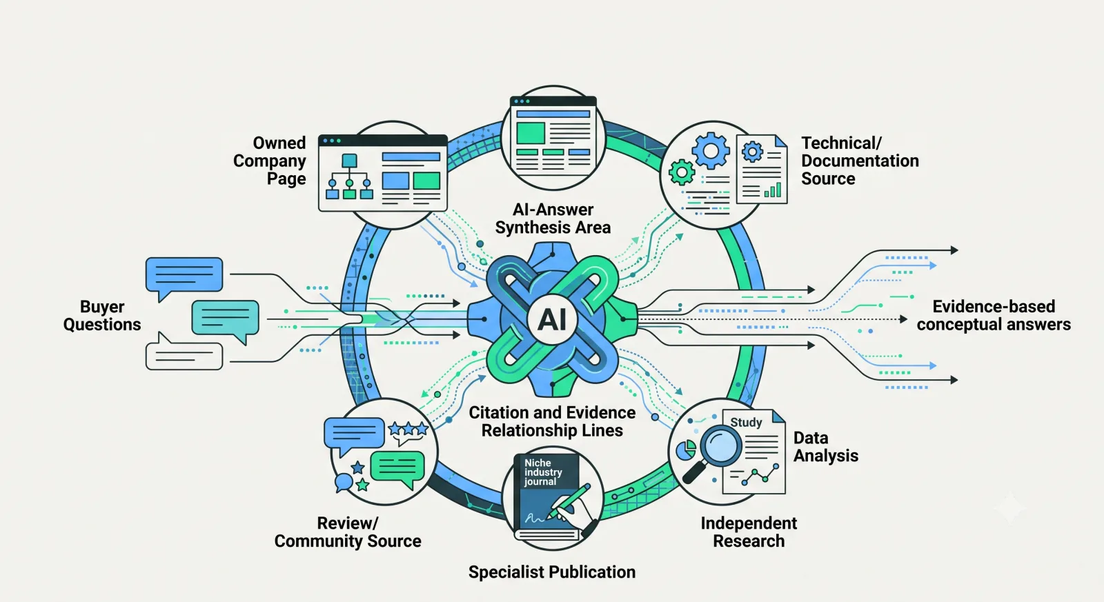 Editorial illustration showing an AI-generated answer connected by citation lines to a company website, documentation, independent research, specialist media and a community source.