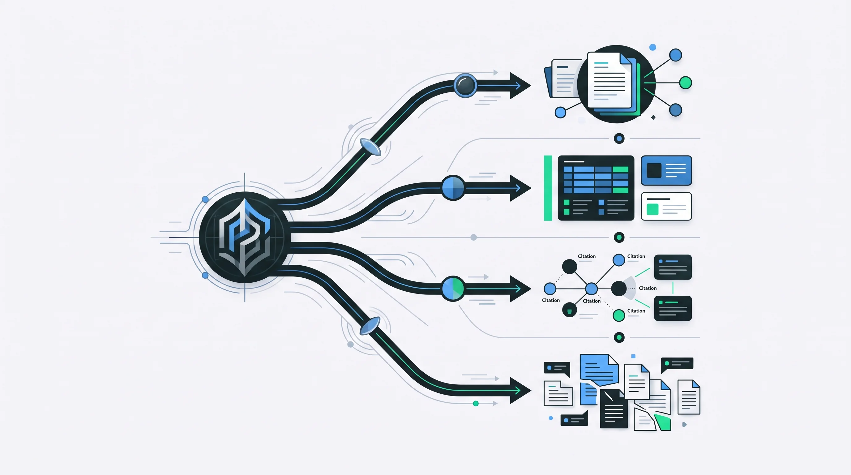 Illustration of one company connected to several AI answer and evidence paths, representing differences across AI platforms.