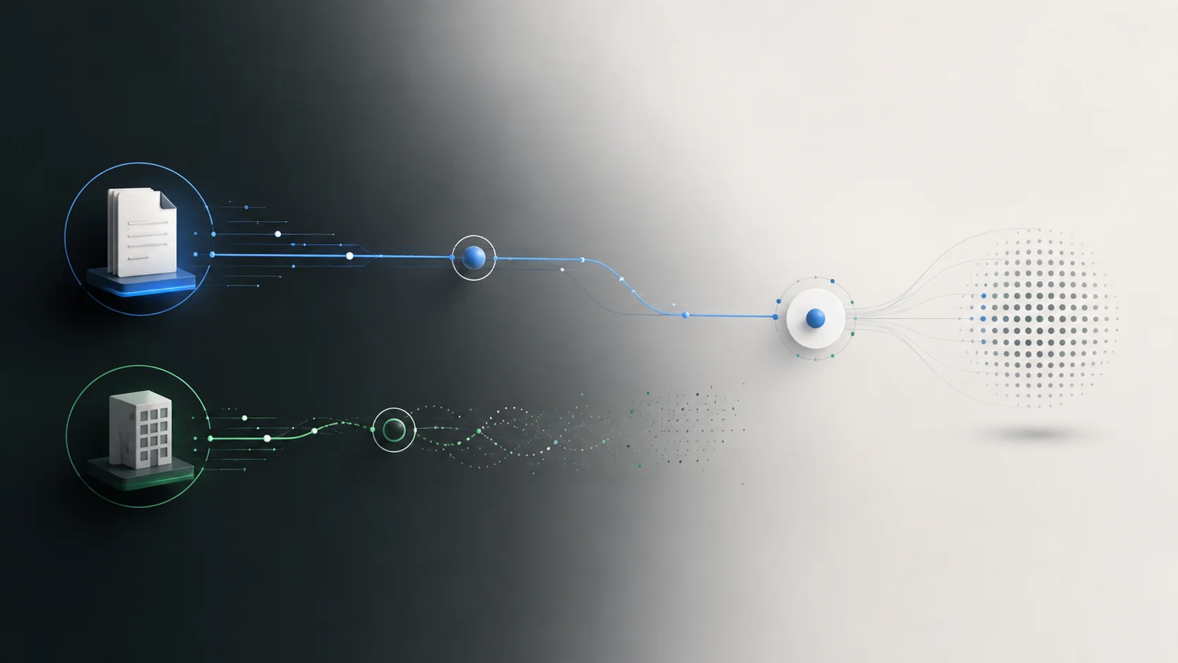 Abstract source-network illustration showing a cited document connected to an answer path while the associated company/entity path remains absent, representing a ghost citation.