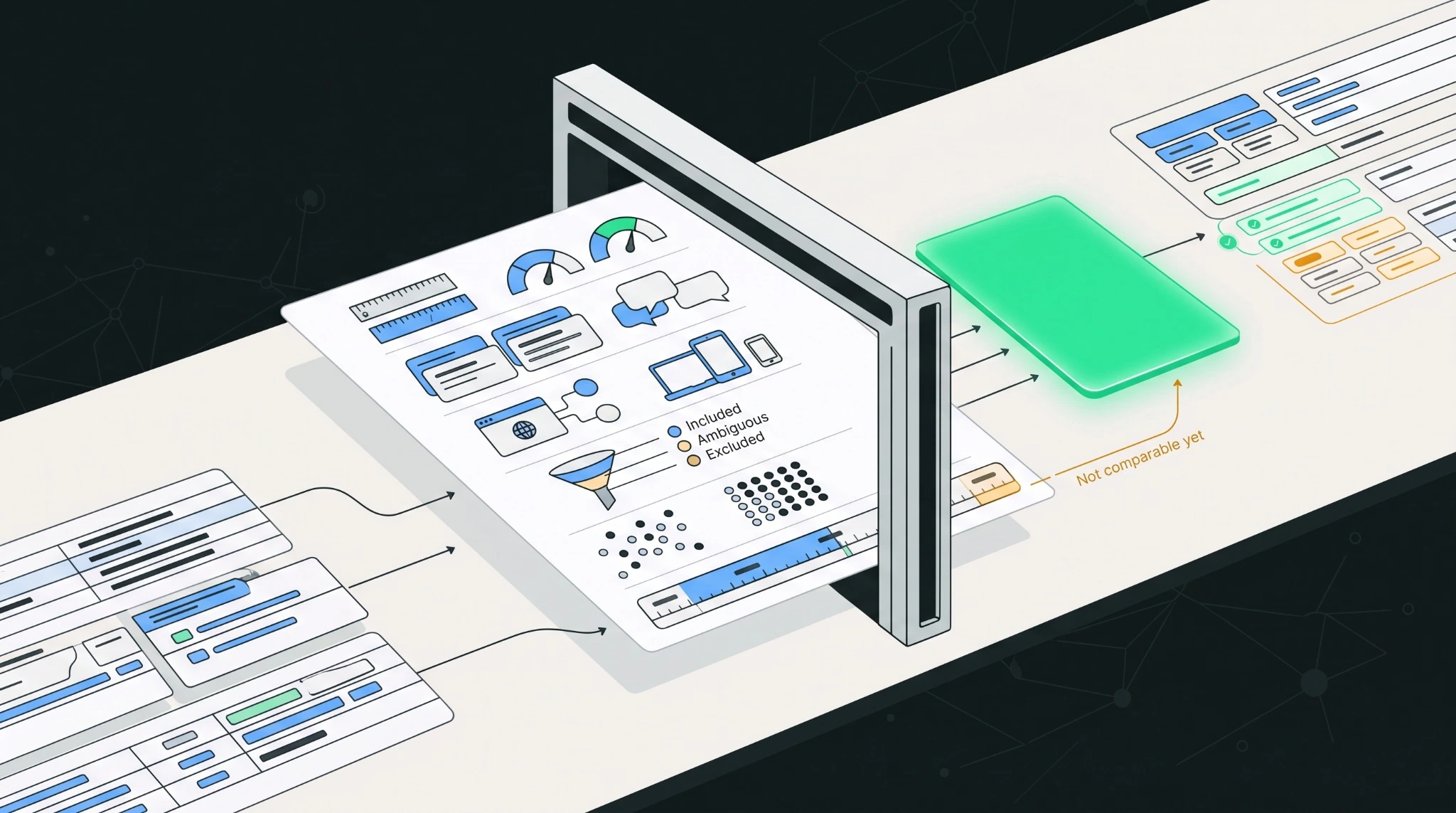 Illustration showing two topic-level AI visibility results being checked for metric, prompt mix, platform, eligibility, sample breadth and time window before comparison.